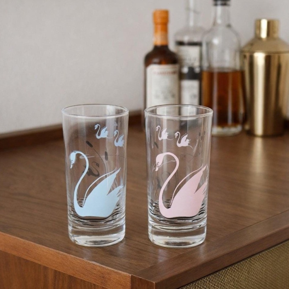 Vintage MCM Swan Highball Glasses Set of 2 Pink Blue Black Pastel Barware
